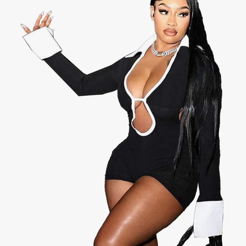 Chic Black and White Long Sleeve Romper